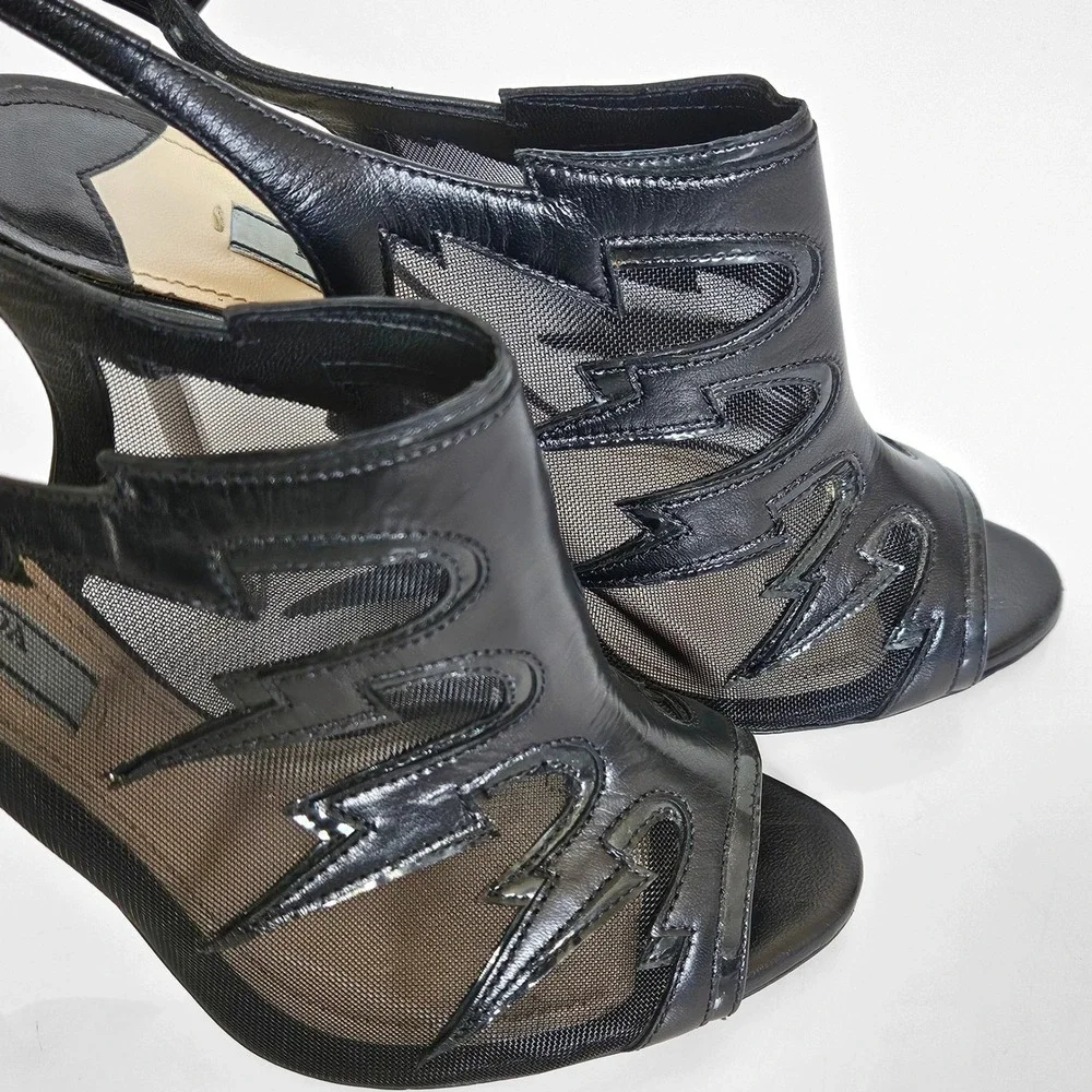 PRADA Black Leather Lightning Bolt Mesh Accents‎ Slingback Pumps Size 6.5 | 37
